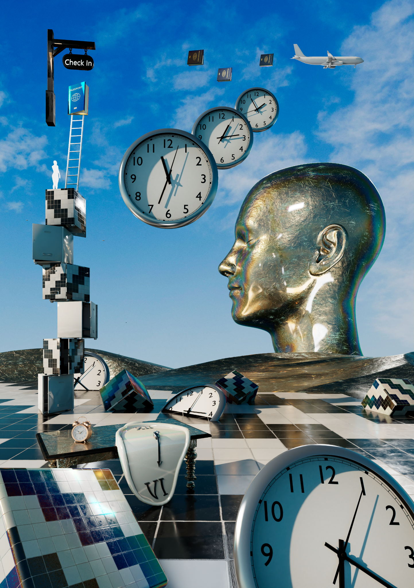 A surreal dream artwork by Jessica Avarello showing clocks, a metallic head, a check-in sign, and dreamlike travel motifs.