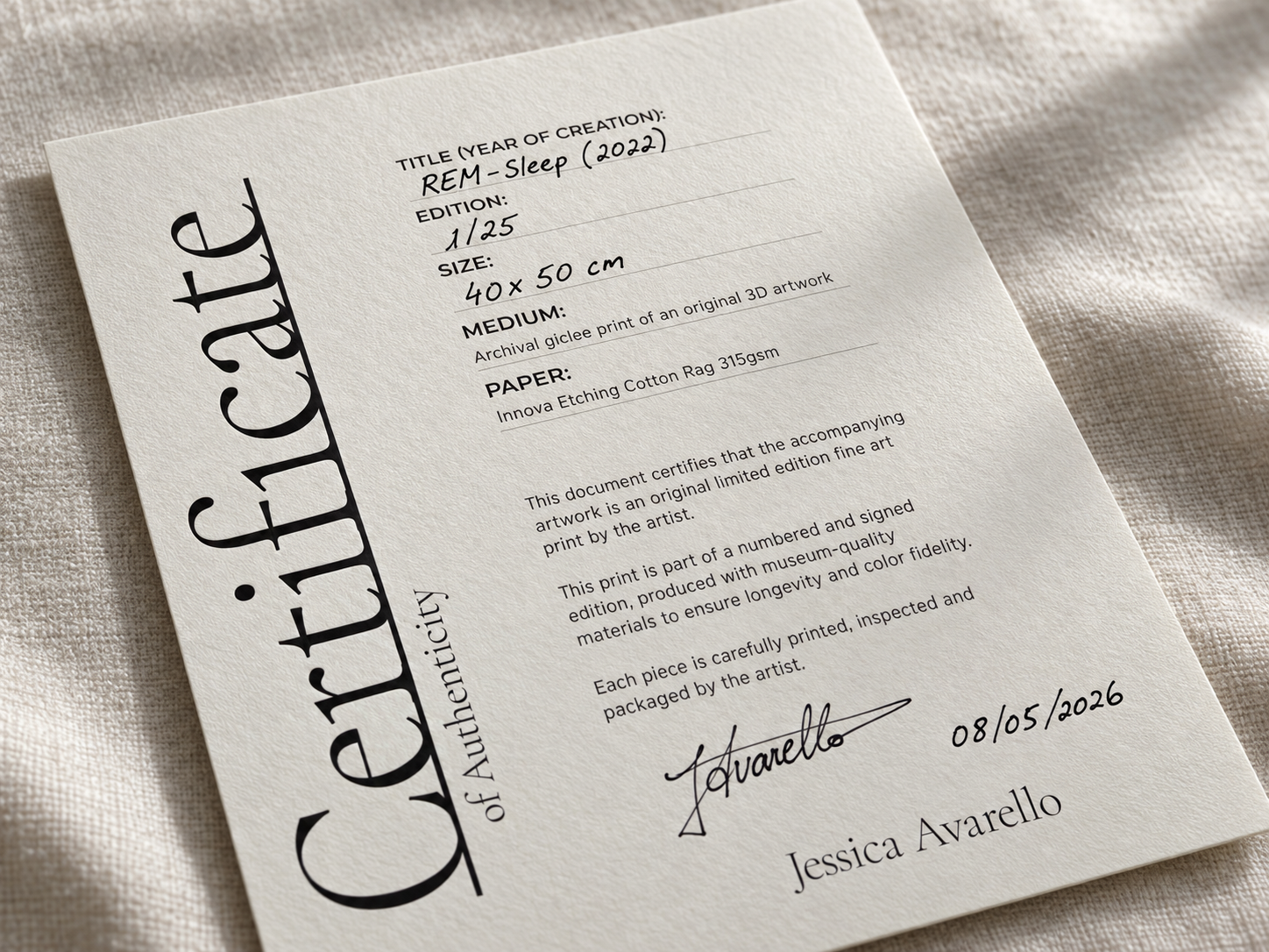 Certificate of Authenticity accompanying a Jessica Avarello limited fine art edition